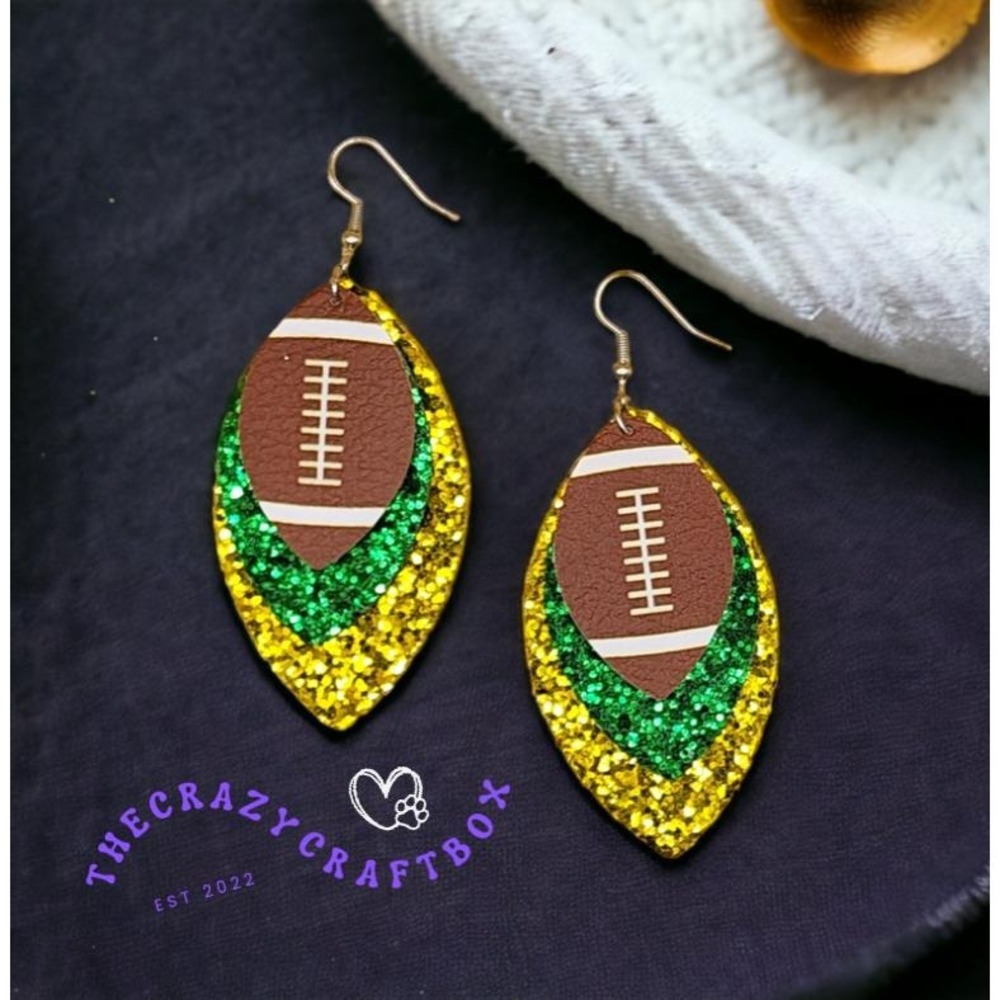 Football Glitter Earrings Green‎ & Gold Football Earrings Sports Fan Accessories